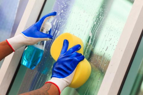 Cleaning technician using protective measures during carpet care