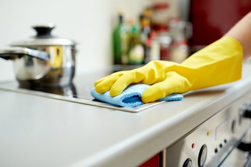 Trained carpet cleaner using protective equipment during a Balham cleaning job